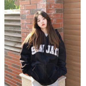 Y2K Aesthetic Fall Neutral Varsity Zip-Up Hoodie for Trendy Outfits