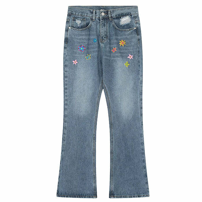 Y2K Aesthetic Flower Embroidery Baggy Jeans for Coquette & Grunge Styles