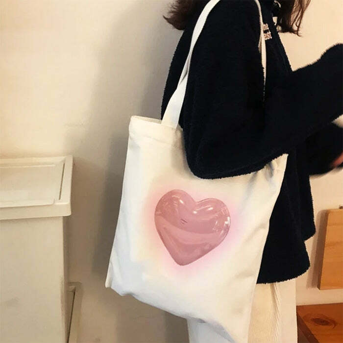 Y2K Aesthetic Heart Tote Bag - Cute Pastel Goth & Grunge Style