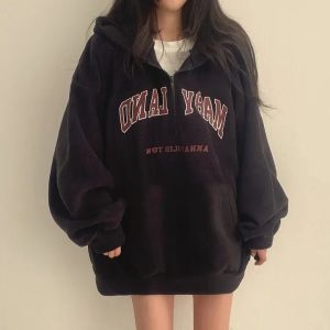 Y2K Aesthetic Retro Campus Half-Zip Hoodie for Grunge & Coquette Styles