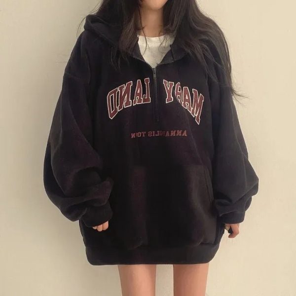 Y2K Aesthetic Retro Campus Half-Zip Hoodie for Grunge & Coquette Styles