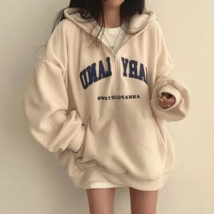 Y2K Aesthetic Retro Campus Half-Zip Hoodie for Grunge & Coquette Styles