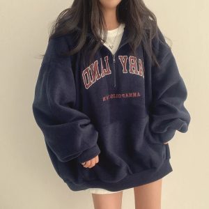 Y2K Aesthetic Retro Campus Half-Zip Hoodie for Grunge & Coquette Styles