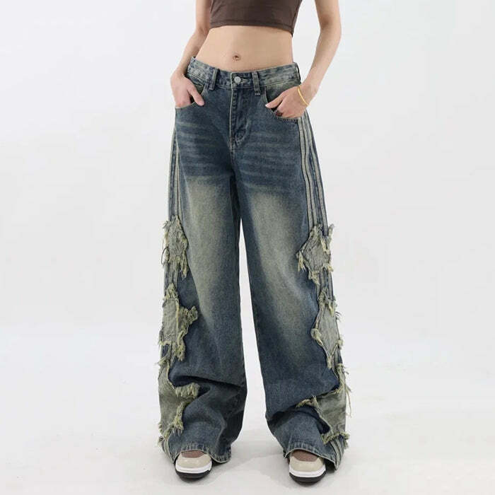 Y2K Aesthetic Side Stripe Star Jeans for Trendy Grunge & Coquette Looks