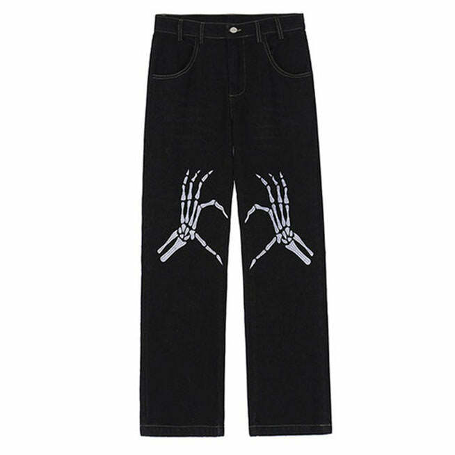 Y2K Aesthetic Skeleton Hands Embroidery Jeans for Grunge & Coquette Styles