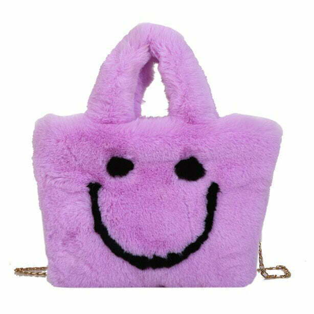 Y2K Aesthetic Smiley Face Fuzzy Handbag for Trendy Outfits