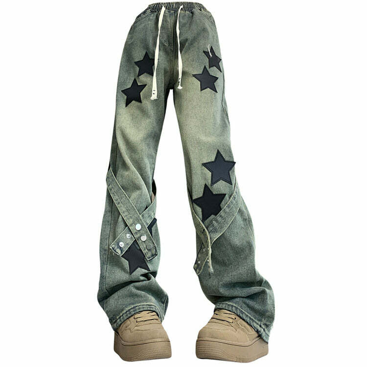 Y2K Aesthetic Star Patch Jeans for Cute Coquette & Grunge Outfits