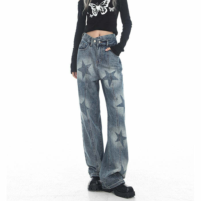 Y2K Aesthetic Star Washed Jeans for Grunge & Coquette Outfits