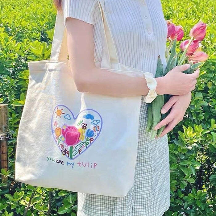 Y2K Aesthetic Tulip Embroidery Tote Bag for Trendy Outfits