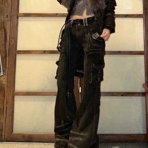 Y2K Aesthetic Utility Cargo Flare Jeans for Trendy Outfits