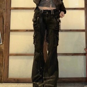 Y2K Aesthetic Utility Cargo Flare Jeans for Trendy Outfits