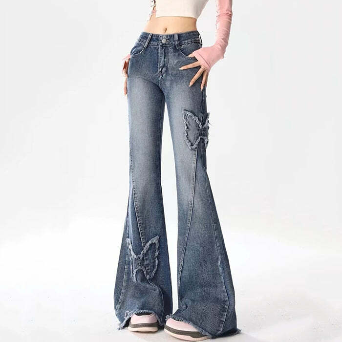 Y2K Butterfly Flare Jeans: Trendy Grunge Aesthetic for Modern Y2K Outfits