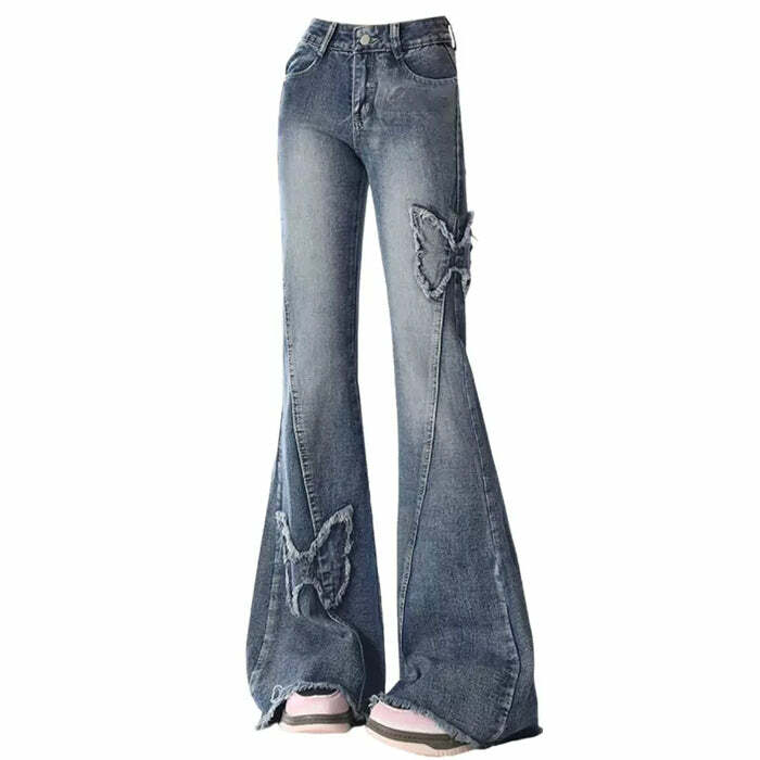 Y2K Butterfly Flare Jeans: Trendy Grunge Aesthetic for Modern Y2K Outfits