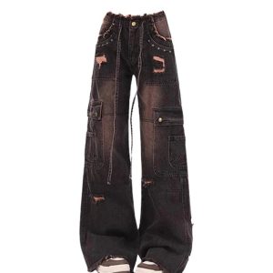 Y2K Dark Cargo Distressed Jeans for Grunge Aesthetic & Cute Outfits