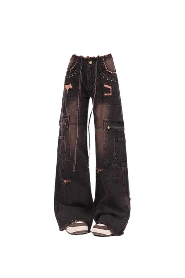 Y2K Dark Cargo Distressed Jeans for Grunge Aesthetic & Cute Outfits