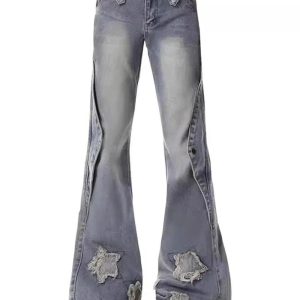 Y2K Distressed Star Flare Jeans for Grunge & Coquette Aesthetic