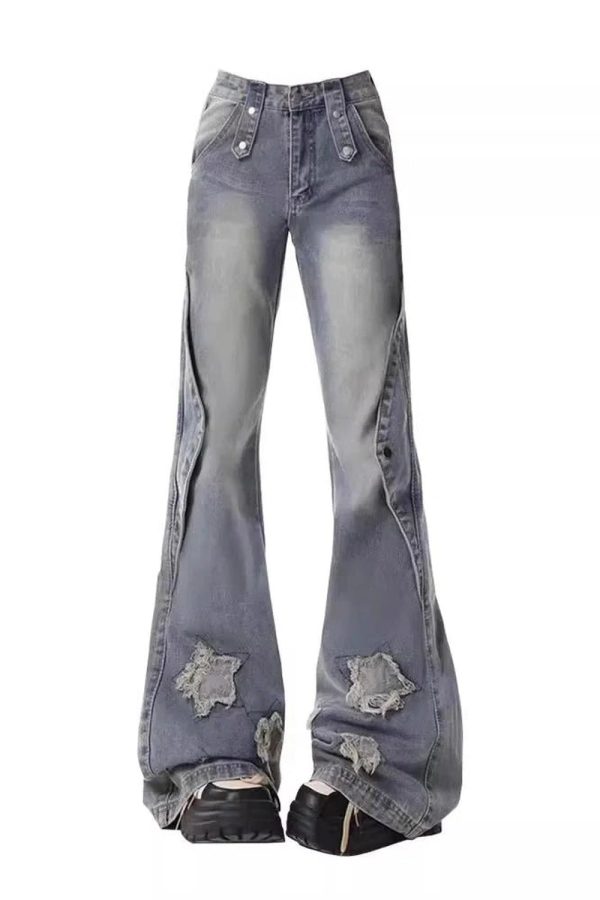 Y2K Distressed Star Flare Jeans for Grunge & Coquette Aesthetic