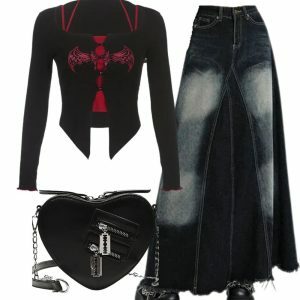 Y2K Fashion: Alt Goth Graphic Tee, Faded Black Maxi Skirt & Punk Bag