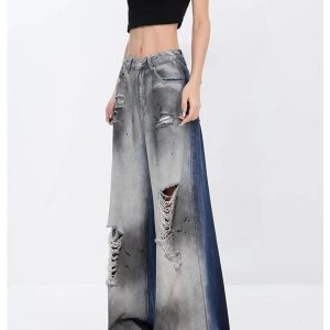 Y2K Fashion Ashen Ruin Distressed Jeans for Grunge & Coquette Aesthetic