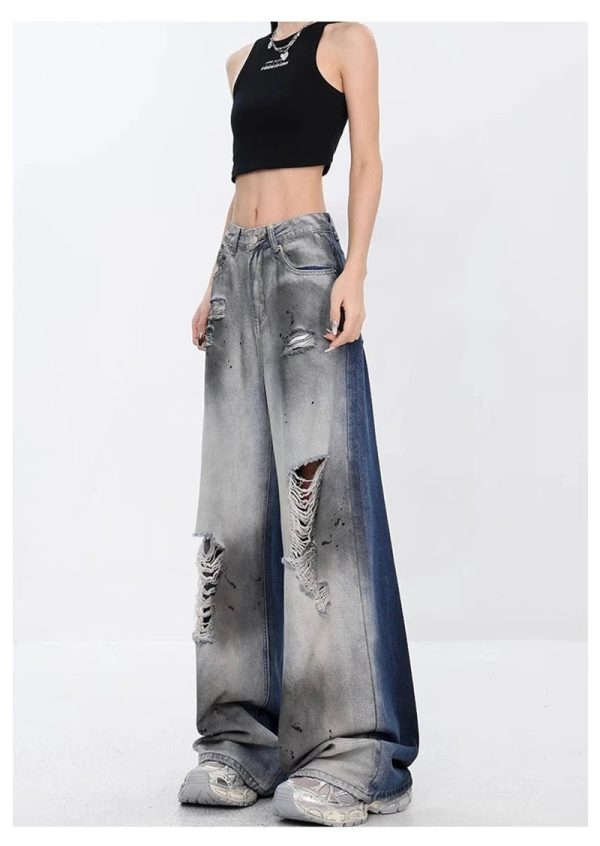 Y2K Fashion Ashen Ruin Distressed Jeans for Grunge & Coquette Aesthetic