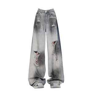 Y2K Fashion Ashen Ruin Distressed Jeans for Grunge & Coquette Aesthetic