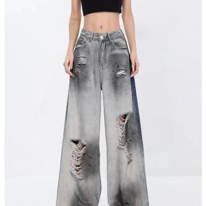 Y2K Fashion Ashen Ruin Distressed Jeans for Grunge & Coquette Aesthetic