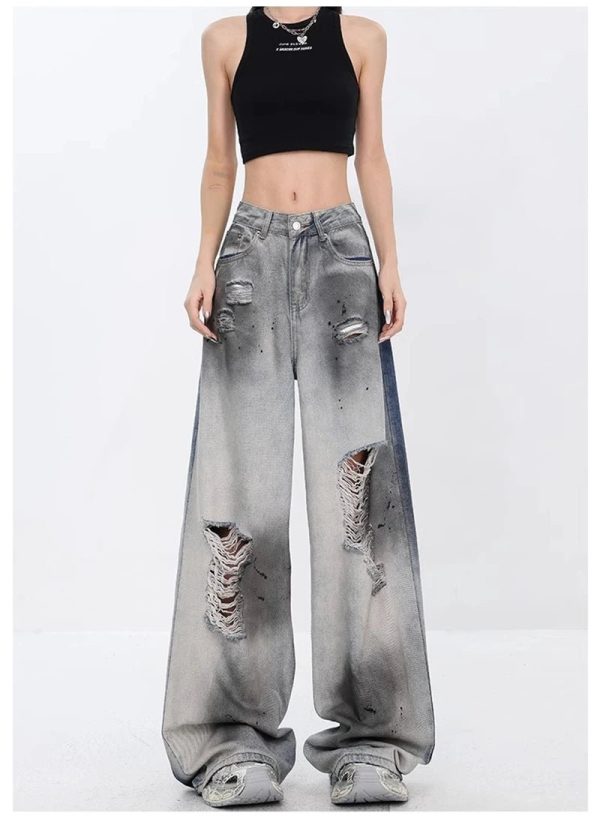 Y2K Fashion Ashen Ruin Distressed Jeans for Grunge & Coquette Aesthetic