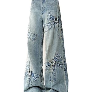 Y2K Fashion Bow-Accent Wide-Leg Jeans for Coquette & Grunge Aesthetics