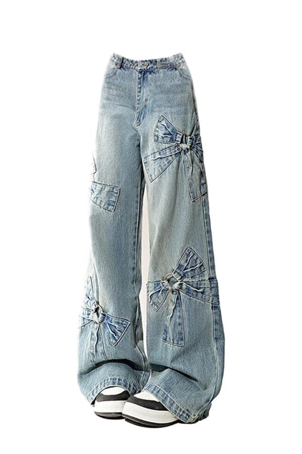 Y2K Fashion Bow-Accent Wide-Leg Jeans for Coquette & Grunge Aesthetics