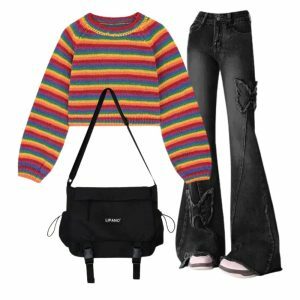 Y2K Fashion: Dark Butterfly Flare Jeans & Rainbow Stripes Sweater Outfit