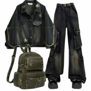 Y2K Fashion: Distressed Denim Jacket, Gothic Cargo Flare Jeans & Vintage Bag