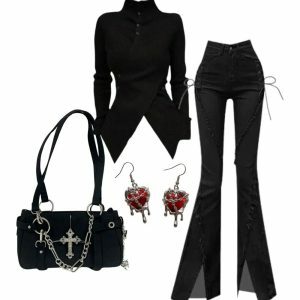 Y2K Fashion: Fall Lace-Up Flare Jeans & Asymmetrical Sweater Outfit