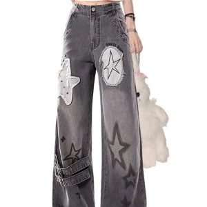 Y2K Fashion Fall Star Patchwork Wide-Leg Jeans for Grunge & Coquette Aesthetic