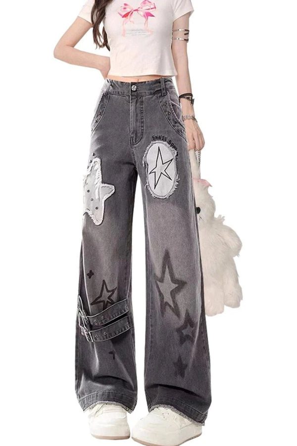 Y2K Fashion Fall Star Patchwork Wide-Leg Jeans for Grunge & Coquette Aesthetic