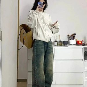 Y2K Fashion Fall Washed Low-Rise Baggy Jeans for Grunge & Coquette Aesthetic