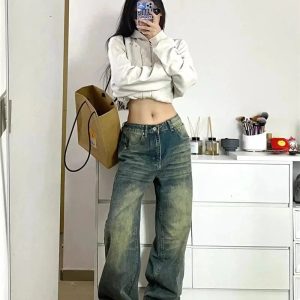 Y2K Fashion Fall Washed Low-Rise Baggy Jeans for Grunge & Coquette Aesthetic