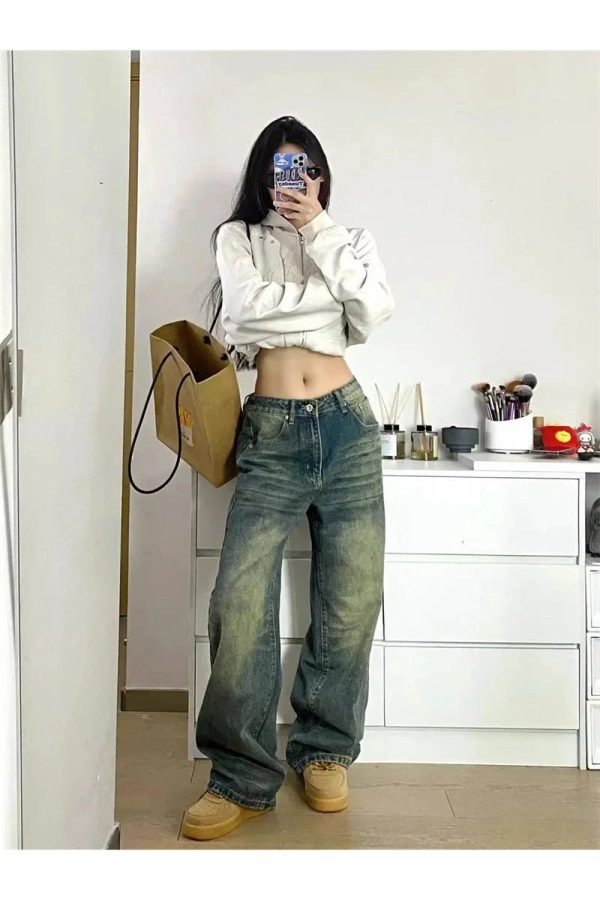 Y2K Fashion Fall Washed Low-Rise Baggy Jeans for Grunge & Coquette Aesthetic