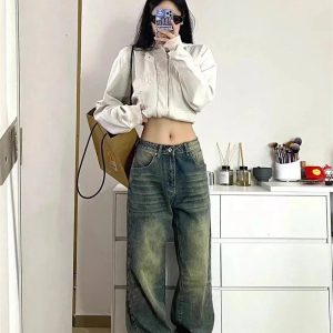 Y2K Fashion Fall Washed Low-Rise Baggy Jeans for Grunge & Coquette Aesthetic