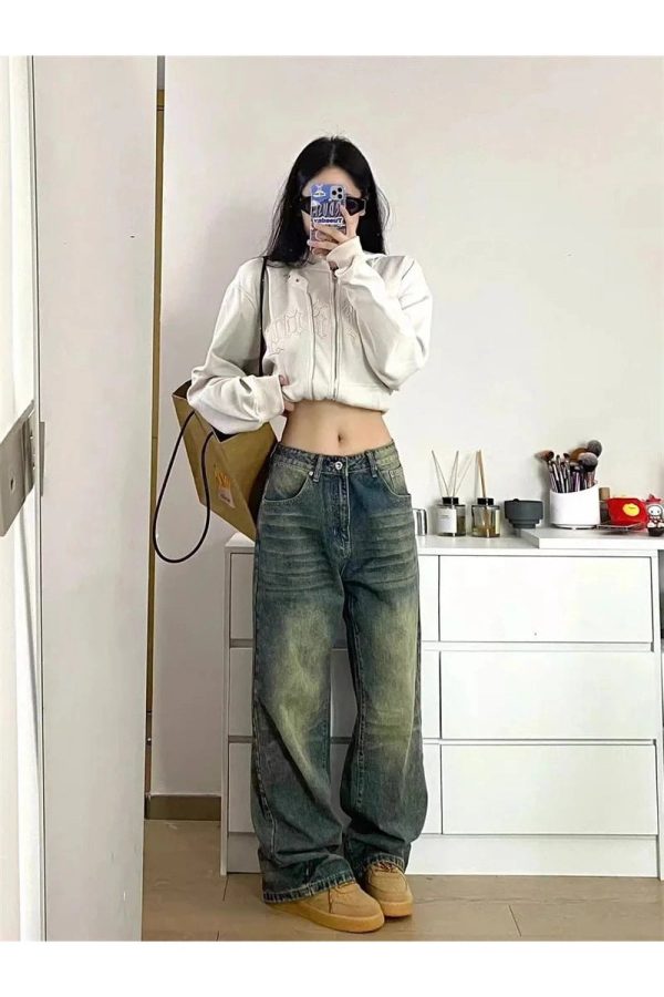 Y2K Fashion Fall Washed Low-Rise Baggy Jeans for Grunge & Coquette Aesthetic