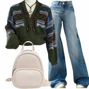 Y2K Fashion: Forest Fair Isle Lace-Up Sweater & Light Wash Denim Set