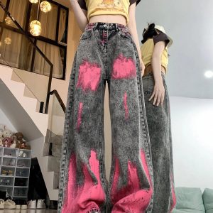 Y2K Fashion Graffiti Splash Wide-Leg Jeans for Grunge & Coquette Aesthetic