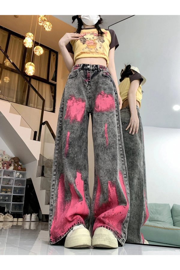 Y2K Fashion Graffiti Splash Wide-Leg Jeans for Grunge & Coquette Aesthetic