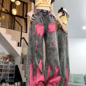 Y2K Fashion Graffiti Splash Wide-Leg Jeans for Grunge & Coquette Aesthetic