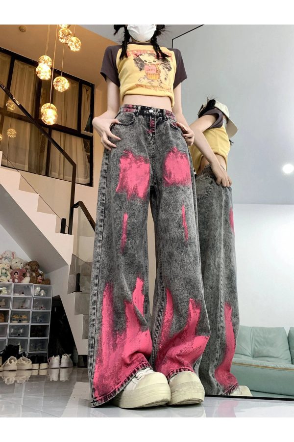 Y2K Fashion Graffiti Splash Wide-Leg Jeans for Grunge & Coquette Aesthetic