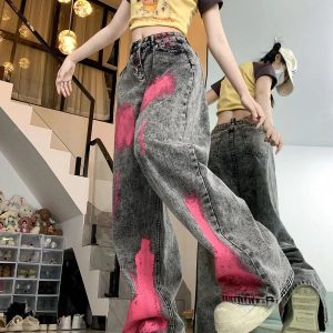 Y2K Fashion Graffiti Splash Wide-Leg Jeans for Grunge & Coquette Aesthetic