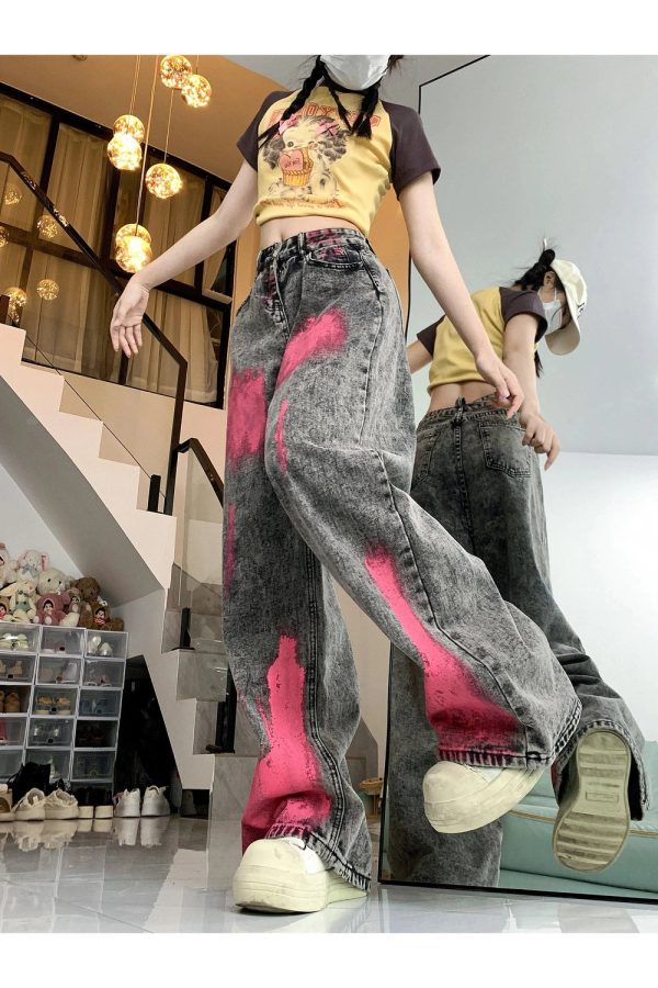 Y2K Fashion Graffiti Splash Wide-Leg Jeans for Grunge & Coquette Aesthetic