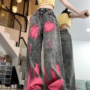 Y2K Fashion Graffiti Splash Wide-Leg Jeans for Grunge & Coquette Aesthetic