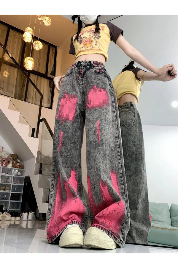 Y2K Fashion Graffiti Splash Wide-Leg Jeans for Grunge & Coquette Aesthetic