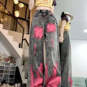 Y2K Fashion Graffiti Splash Wide-Leg Jeans for Grunge & Coquette Aesthetic