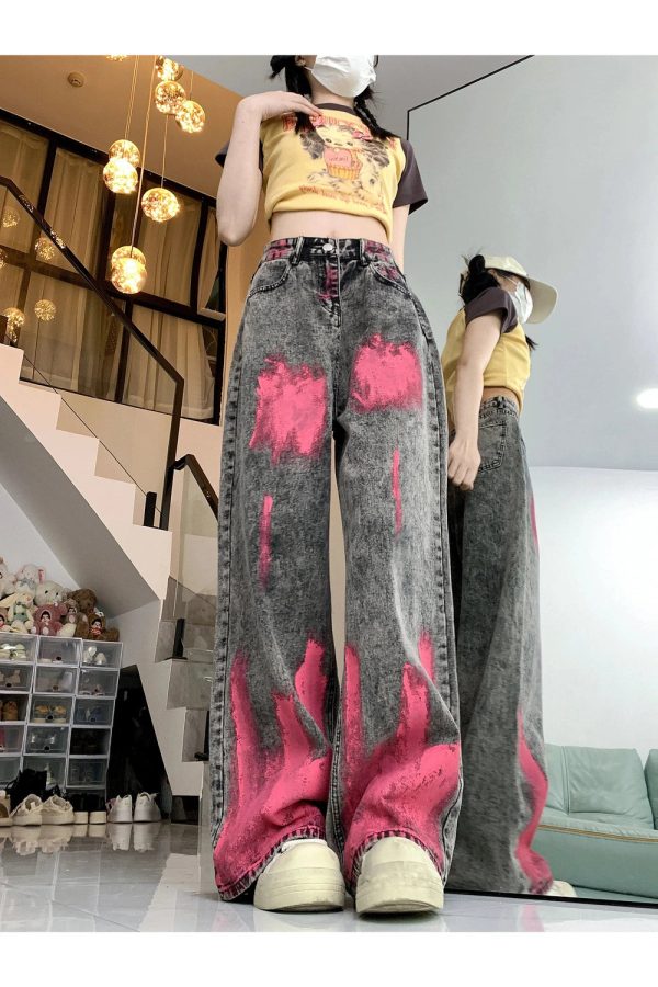 Y2K Fashion Graffiti Splash Wide-Leg Jeans for Grunge & Coquette Aesthetic